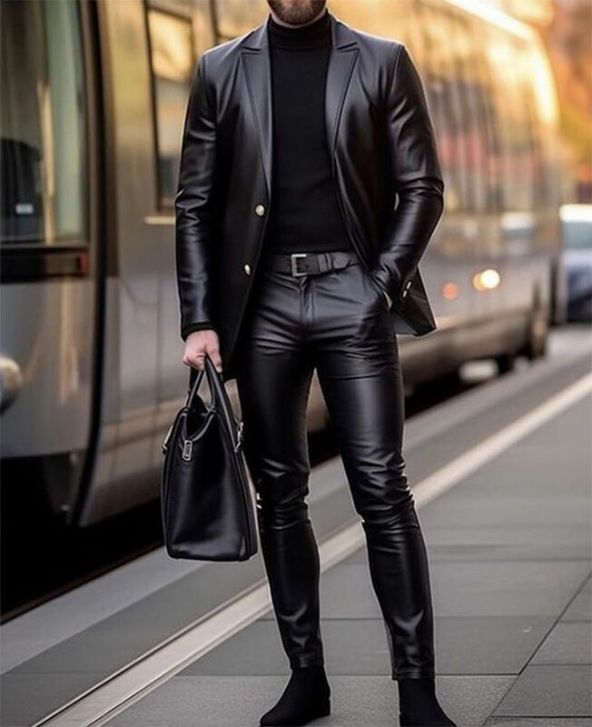 남성용 슬림핏 블랙 라펠 PU 가죽 재킷 및 바지 2 개 세트, 비즈니스 캐주얼 무도회 세트, 모토 스타일