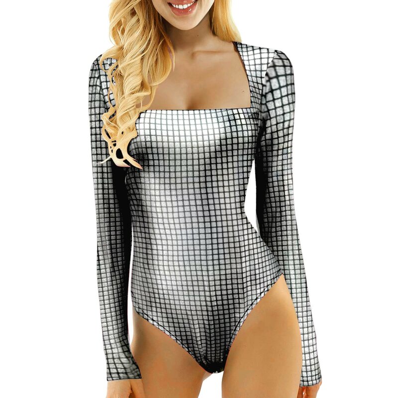 Ladies Tight Fitting Yoga Jumpsuits Shiny Metallic PVC Leather Square Neck Long Sleeve Solid Color Short Leotard Bodysuits