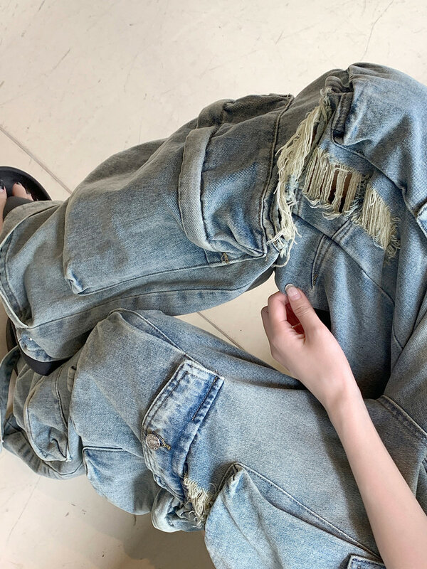 Женские брюки-карго с широкими штанинами, голубые мешковатые рваные джинсы с карманами и широкими штанинами, одежда для улицы Y2K, 2024