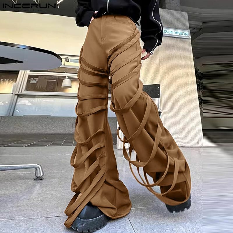 INCERUN 2024 pantaloni stile coreano moda uomo personalità cravatta cintura pantaloni decorativi Casual Street gamba dritta Pantalons S-5XL