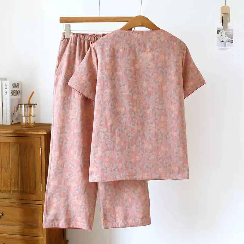 Pyjama 2024 coton à manches courtes pour femme, ensemble deux pièces, capris, grande fleur, ameublement fin, printemps, été, nouveau, 100%