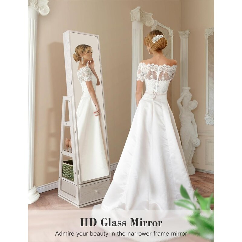 Kabinet perhiasan putar 360 ° dengan lampu, cermin panjang penuh dapat diputar dengan penyimpanan perhiasan layar sentuh cermin rias Rumah Putih