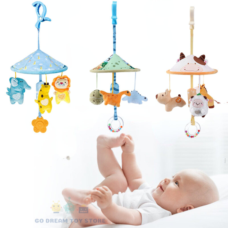 Newborn Baby Rattles 0-12 Months Stroller Bed Hanging Umbrella Wind Bell Infant Mobile Cartoon Animals Plush Toy Boy Girl Gift