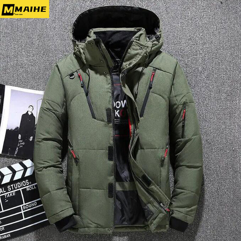 New Down Jacket Men Hooded White Duck Winter Coat Thicken Warm Windproof Parkas Man Travel Camping Overcoat Solid Color Clothing