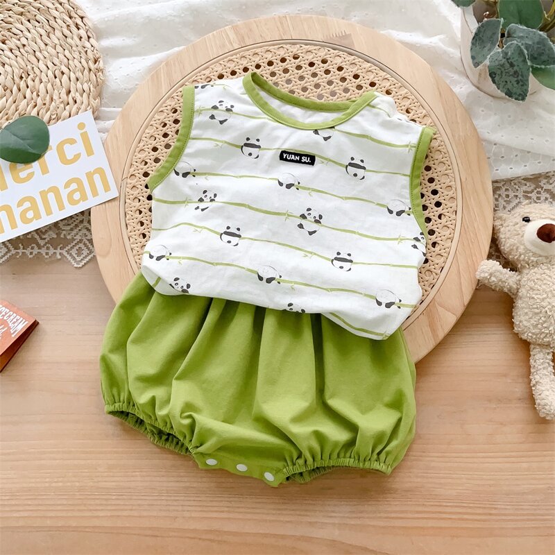 2024 Summer Korean Baby Boys 2PCS Clothes Set Printed Cartoon Sleeveless Tees Solid Muslin Shorts Suit Toddler Boy Outfits