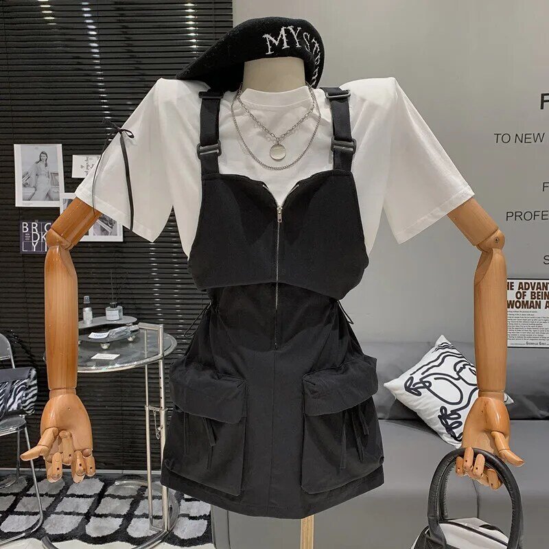 Versátil e elegante Conjunto de duas peças com Zipper, Versátil Bow T-Shirt, Zipper Strap Dress, Temperamento