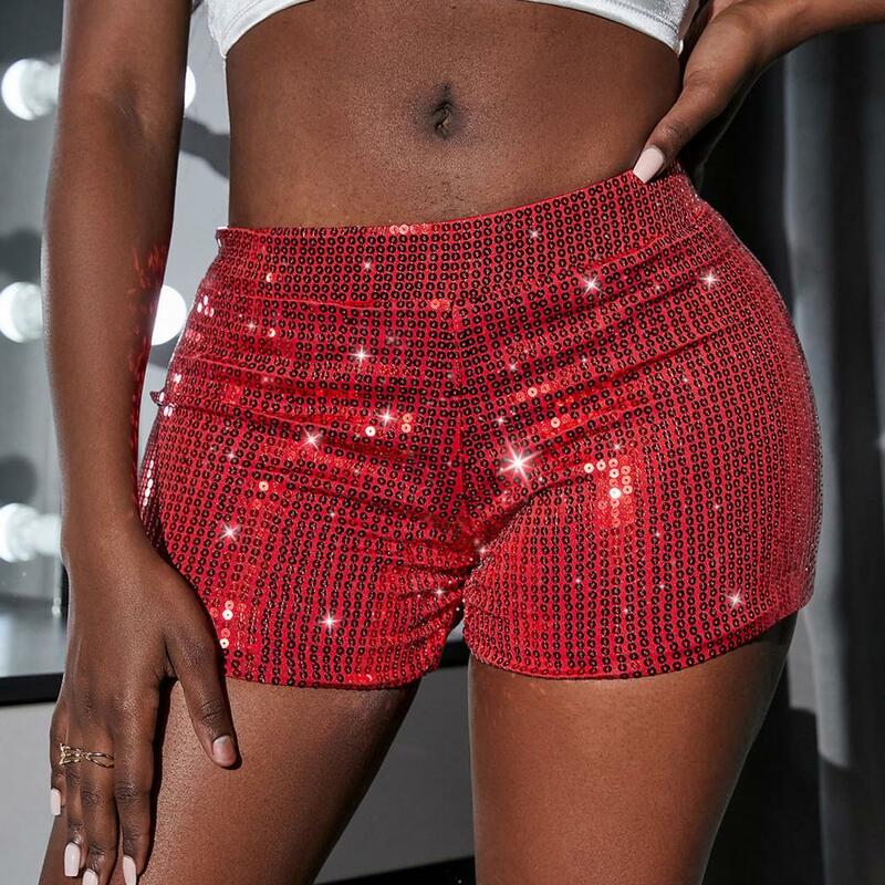 Sequin Shorts High Waist Straight Leg Sparkly Shorts for Women Elastic Glitter Short Pants Sexy Party Shorts Sequin Clubwear