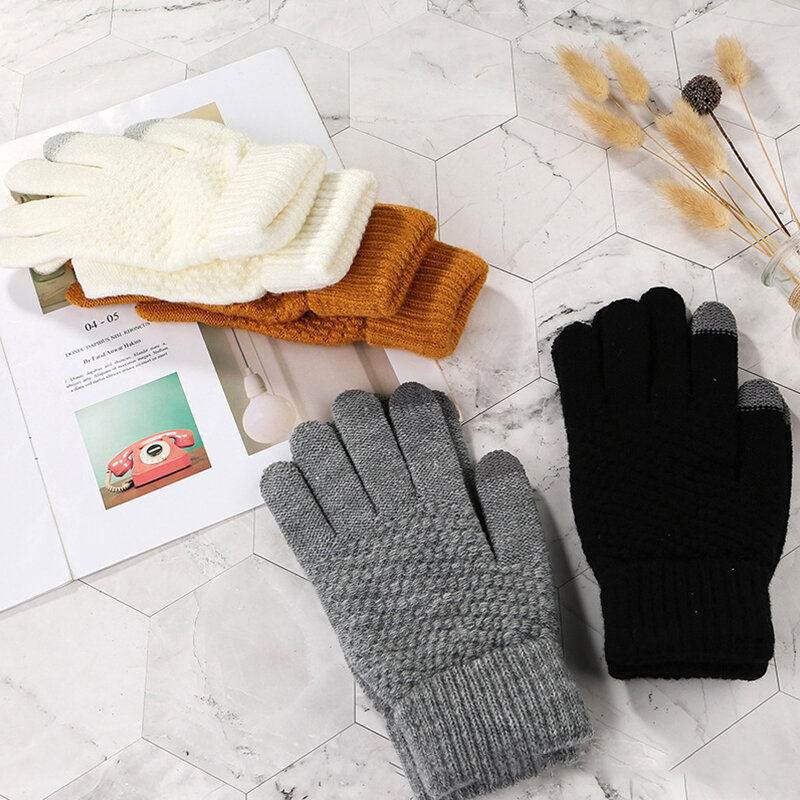 Женские и мужские теплые трикотажные варежки Зимние перчатки для сенсорного экрана, перчатки с длинными пальцами из искусственной шерсти