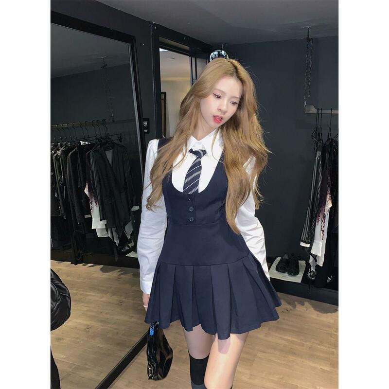 Японский и корейский стиль Jk комплект Женская рубашка с длинным рукавом плиссированная юбка на бретельках комплект из двух предметов школьная форма Jk