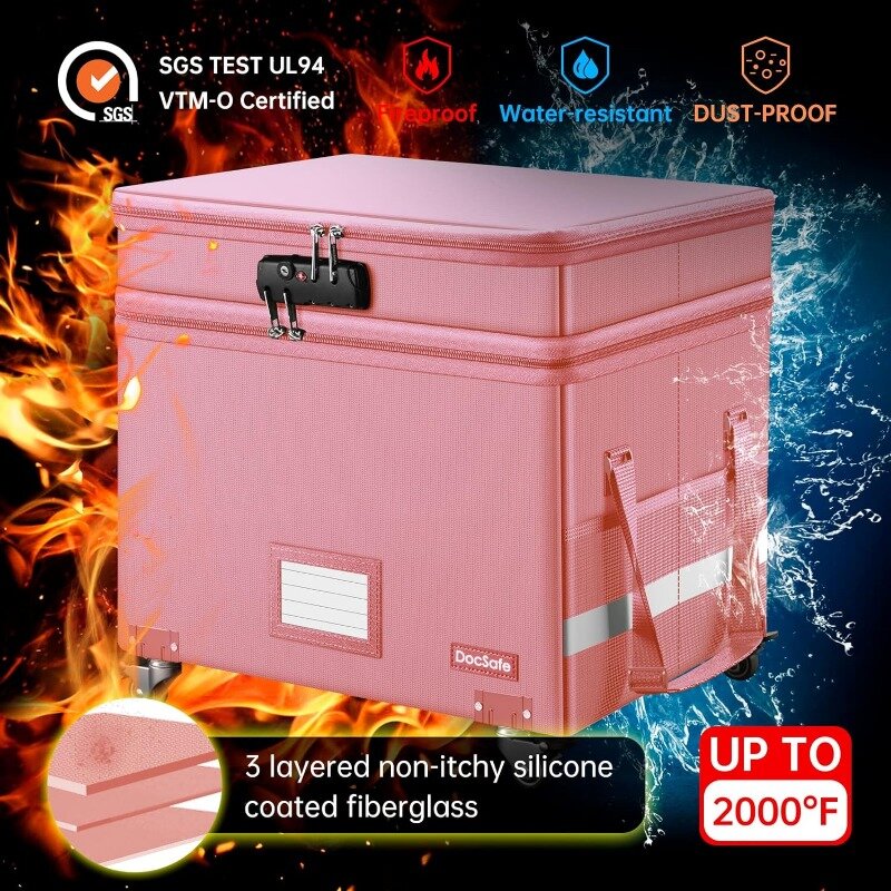 Document Storage Organizer Box with Wheels, DocSafe File Box with Lock, Rolamento dobrável, à prova de fogo, 2 camadas
