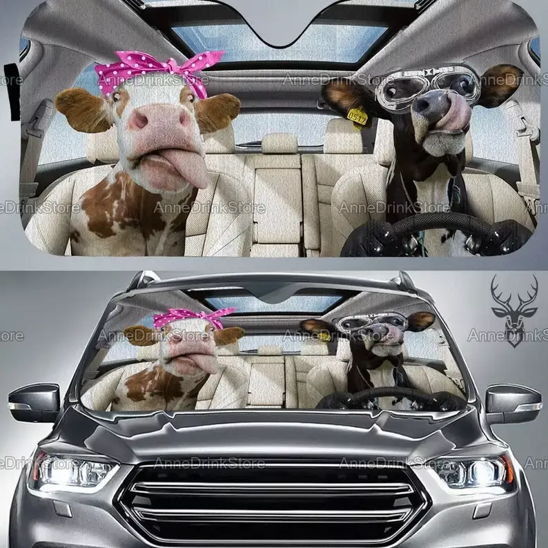 Tongue Out Cow Car Sunshade - Cow Cattle Car Accessories - Cattle Farm Gifts PHT252006A01