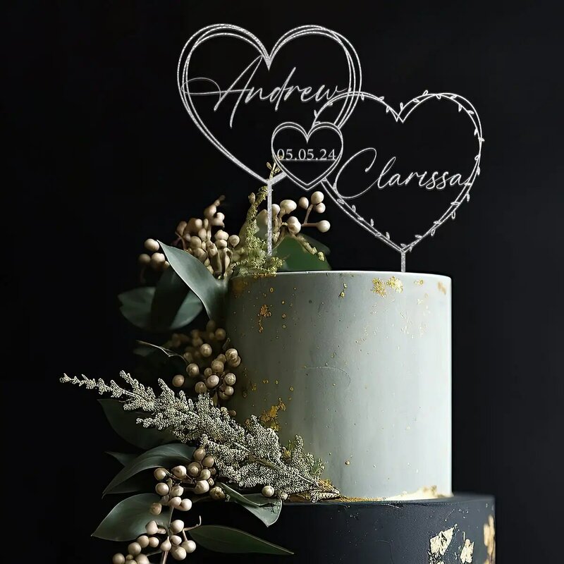 Décoration de gâteau en or avec cœurs, date de mariage, nom et date personnalisés, garniture de gâteau des travailleurs