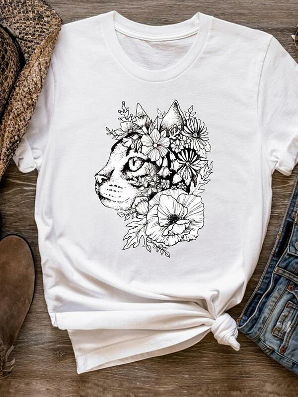 女性のための素敵な猫のTシャツ,半袖の夏服,流行のプリントTシャツ