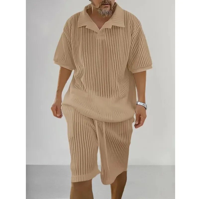 Frühling Sommer Mode gestrickt Kurzarm Tops und Shorts männlich zweiteilig Set Streetwear lässig lose solide Männer Vintage Anzüge
