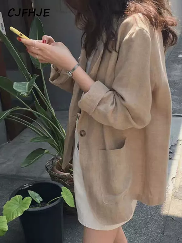 CJFHJE-Blazer de oficina para mujer, chaqueta de lino y algodón fina, informal, estilo Retro coreano, holgada, para primavera y otoño
