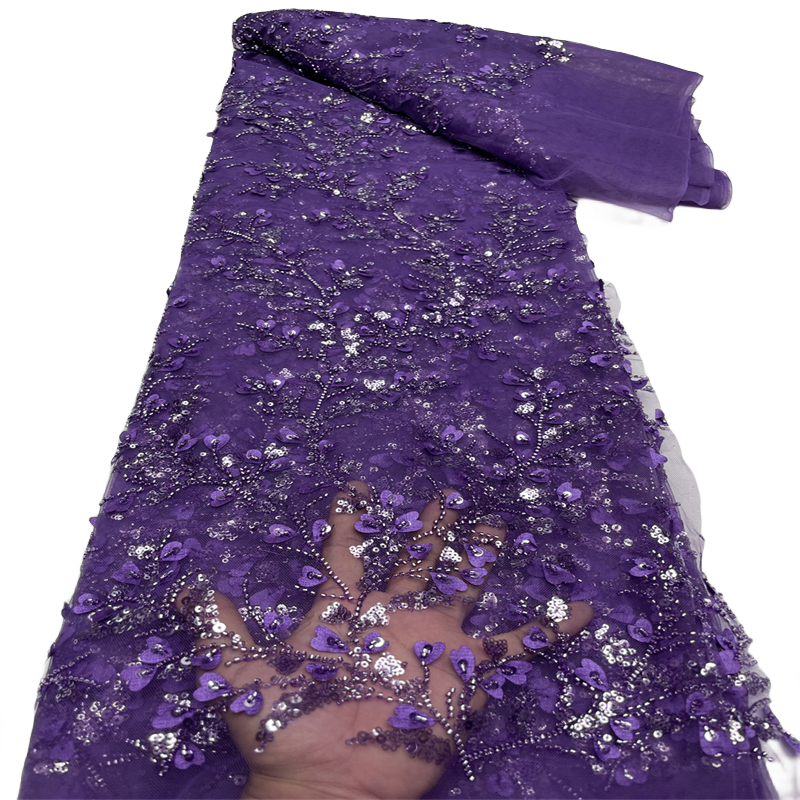 Afrykańska koronkowa tkanina z cekinami, nigeryjski i francuski tiul, haft koralikowy, materiał ślubny, wysoka jakość, 2024