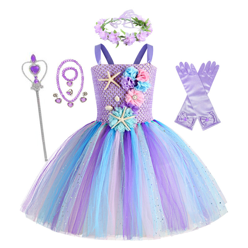 Gaun Tutu putri duyung anak perempuan, kostum karnaval pesta ulang tahun dengan ikat kepala bunga, gaun Halloween laut 1-12 tahun