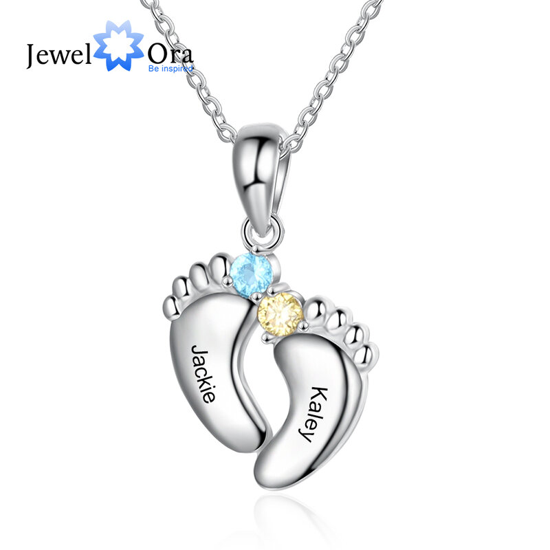 Personalized Baby Feet Necklace with Birthstone Custom 1-6 Name Engraved Pendant Necklace Anniversary Gift for Mothers