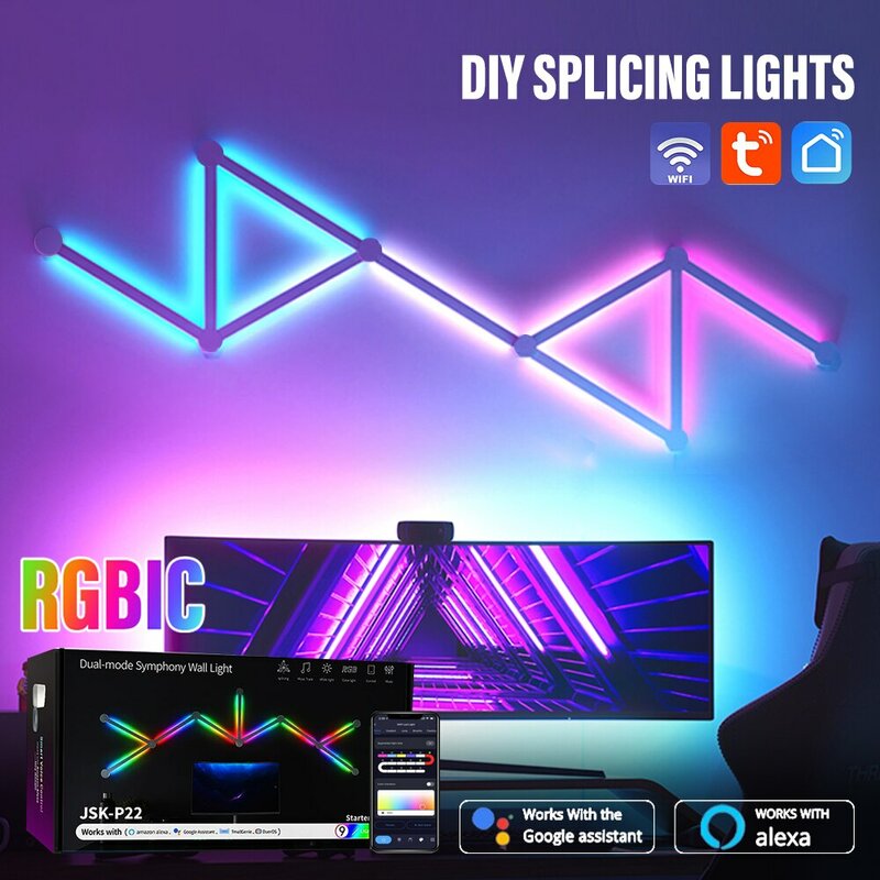 Lampu Dinding pintar LED WIFI, lampu dinding RGBIC WIFI, lampu DIY suasana malam aplikasi irama musik, lampu belakang TV untuk dekorasi kamar tidur ruang Game