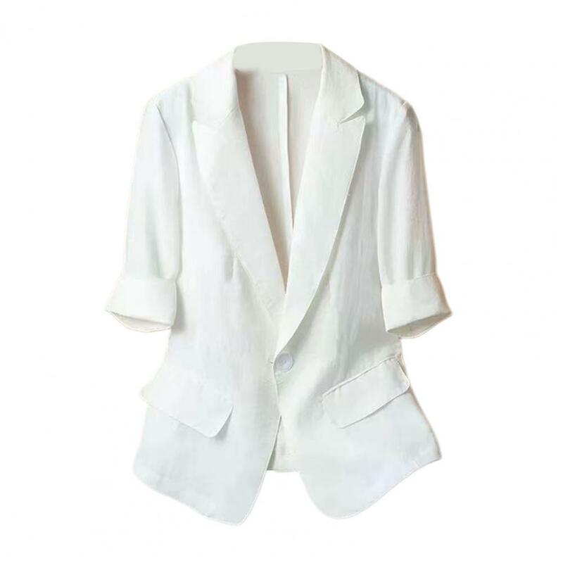 Blazer de botão de lapela para mulheres, jaqueta casual, casaco solto, mangas 3/4, blusa fina, terno de deslocamento, cor sólida, verão