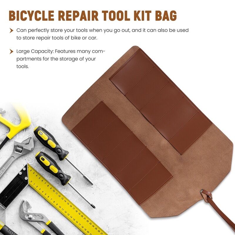 Rotolo di attrezzi in pelle, borsa portaoggetti per Kit di attrezzi in pelle, borsa per Kit di attrezzi per la riparazione di biciclette multifunzionale
