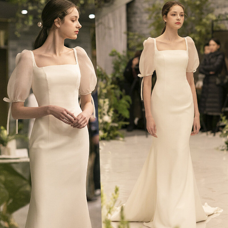 Gaun pernikahan elegan 2024, gaun pernikahan elegan sederhana ramping kerah persegi Satin Korea Vintage gelembung lengan pendek menyapu kereta putih