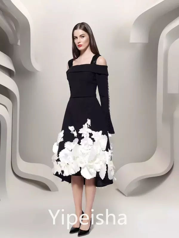 Jersey Applique Ruched Birthday A-line Square Neck Bespoke Occasion Gown Midi Dresses