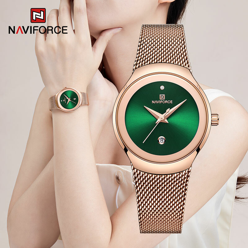 Zegarki dla kobiet NAVIFORCE moda damska zegarek kwarcowy data luksusowe wodoodporne siatki stalowy pasek kobiet bransoletka Reloj Mujer