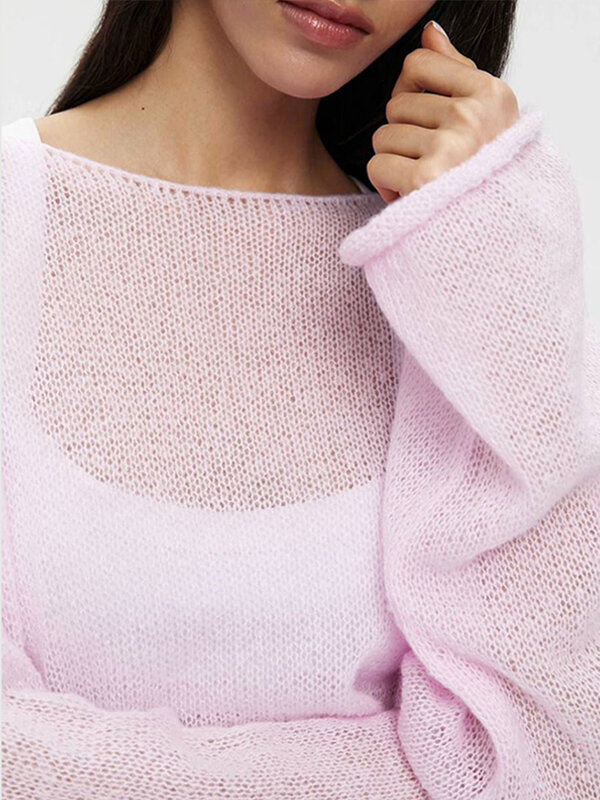 Beach See Through Pullover Women Knit Loose Long Sleeve O-neck Hollow Out T-shirt 2024 Spring Summer Lady Solid Streetwear