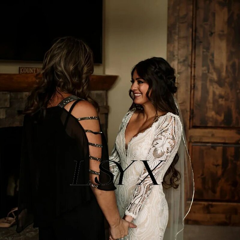 Женское свадебное платье с длинным рукавом LSYX, элегантное кружевное платье-Русалка с глубоким V-образным вырезом и открытой спиной, свадебное платье со шлейфом на заказ