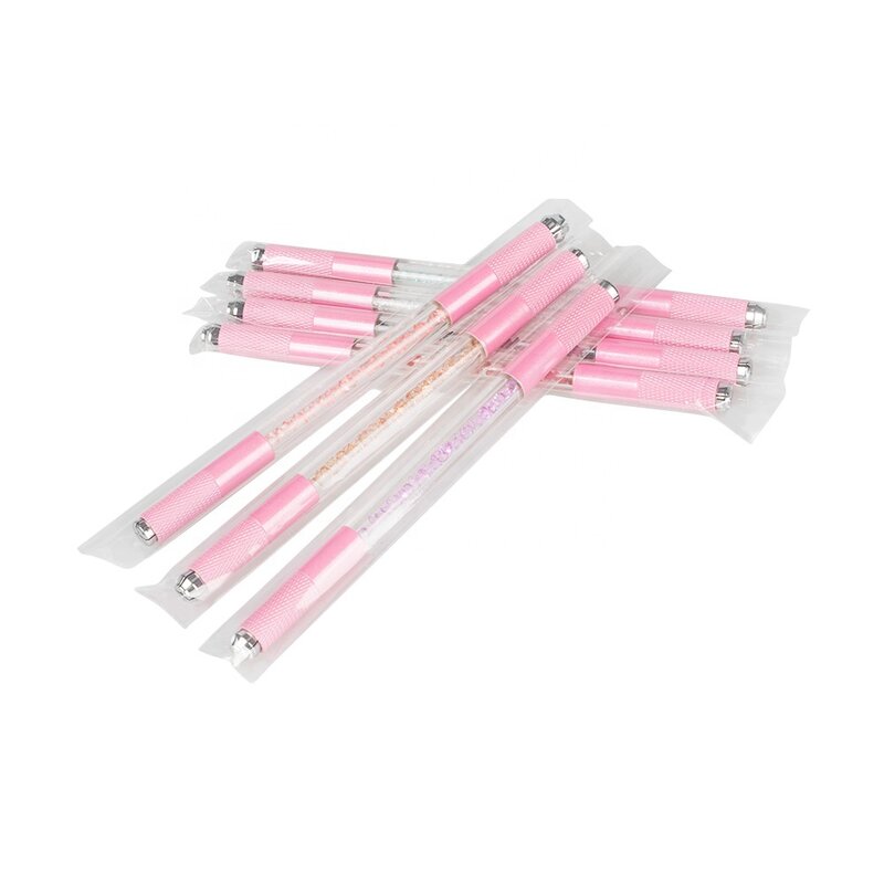 10pcs Pink Microblading Double End Crystal Acrylic Tattoo Manual Pen Permanent Makeup Eyebrow Lip Tools Use For Flat/Round Blade