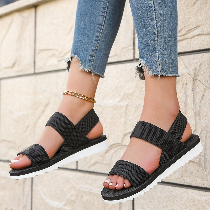 Sandalias planas con cordones para mujer, color a juego con suela de calzado antideslizante, color negro puro, tendencia de moda