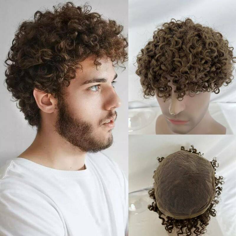 Peruka dla mężczyzn małe kręcone 100% ludzkie włosy brązowy System wymiany włosów miękkie pełne szwajcarska koronka 8 "x 10" rozmiar podstawowy