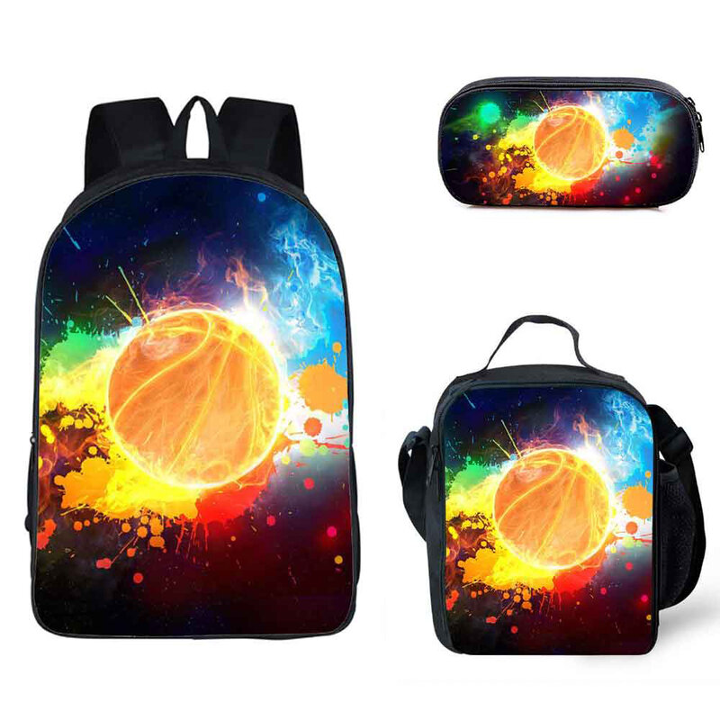 Classic Trendy Funny Fire Basketball 3D Print 3pcs/Set pupil School Bags Laptop Daypack Backpack Lunch bag Pencil Case