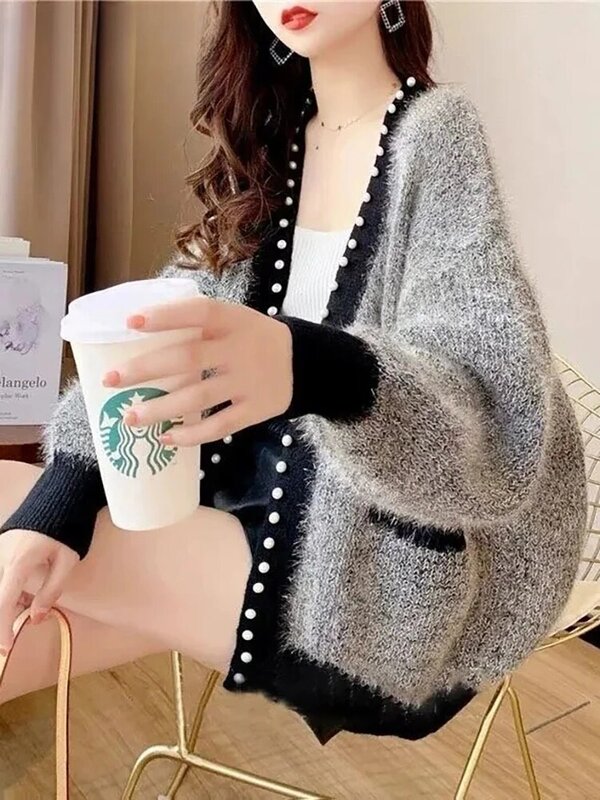 Женский Теплый кардиган с бисером, модный Свободный вязаный свитер в Корейском стиле, Повседневная Мягкая уличная одежда для осени и зимы