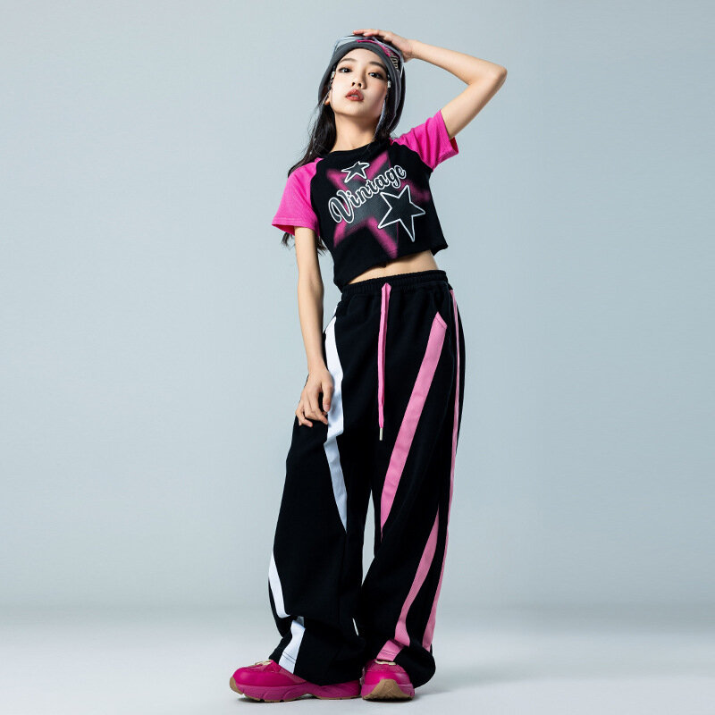 Комплект одежды для девочек-подростков, укороченная футболка и штаны в стиле хип-хоп, Детские Джоггеры для уличных танцев, джазовые сценические костюмы