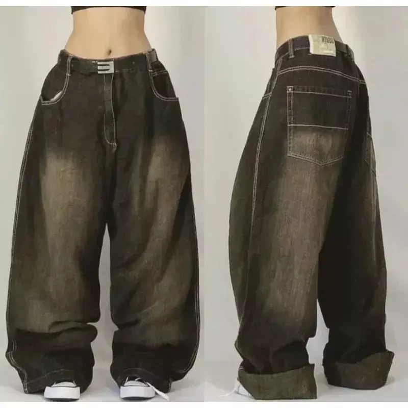 Jeans largos estampados de grandes dimensões para mulheres, Harajuku gótico, calça casual reta de perna larga, cintura alta, moda de rua retrô, nova, Y2K, 2024