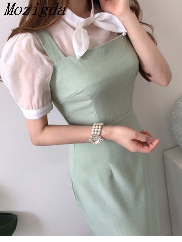 Dwuczęściowa sukienka damska z kokardą w koreańskim stylu See Through Ladies Shirts Slim Fashion Woman Sleeveless Slip Midi Dress