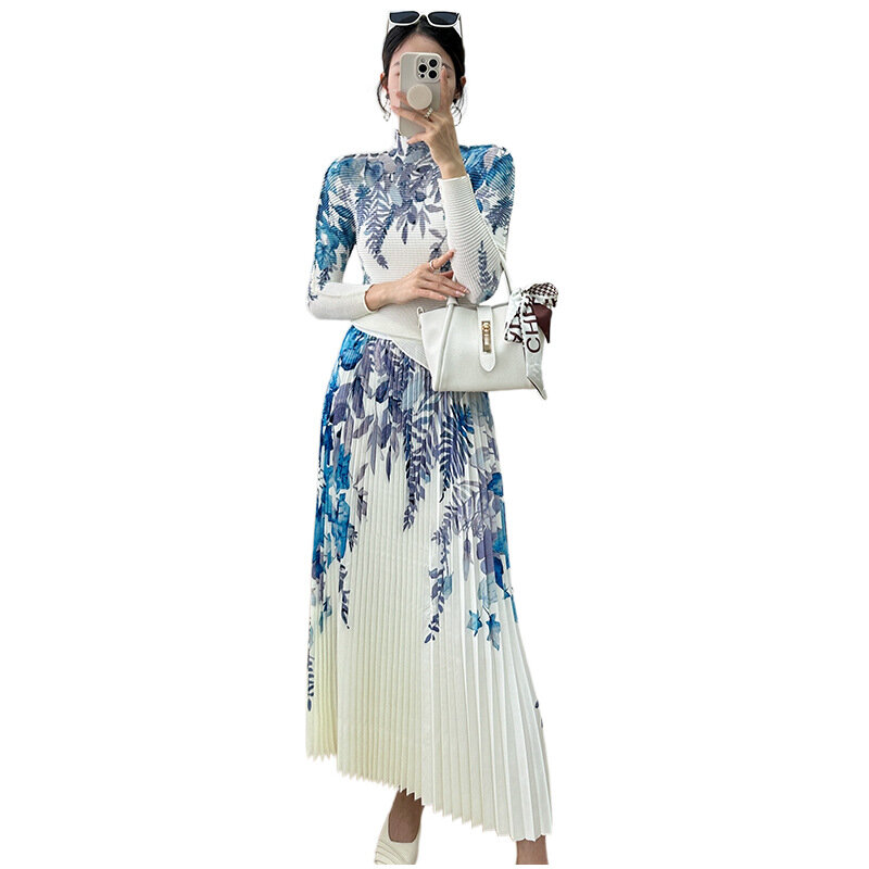 Miyake Fashion Set Women's 2024 Autumn New Temperament Leisure Commuter High End Print Pleated Long Sleeve Two Piece Set