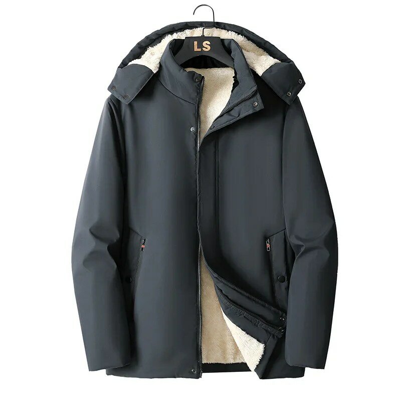 Jaket bertudung hangat bulu pria, mantel katun beludru musim dingin ukuran besar 8xl longgar Plus beludru tebal