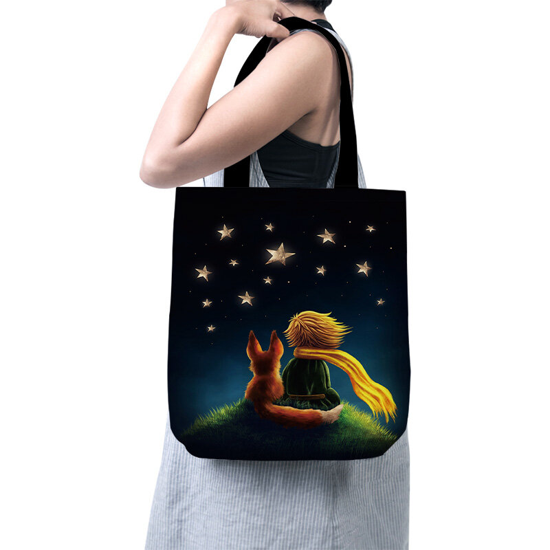 Cartoon Little Prince Women Canvas Shopper Bag con manico divertente Eco pieghevole riutilizzabile Tote Bag Book Key Phone Shopping Bag