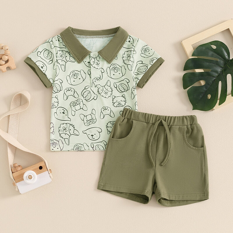 VISgogo Toddler Boys Summer Clothes Sets Short Sleeve Lapel Animal Print Shirt Tops and Drawstring Shorts Sets