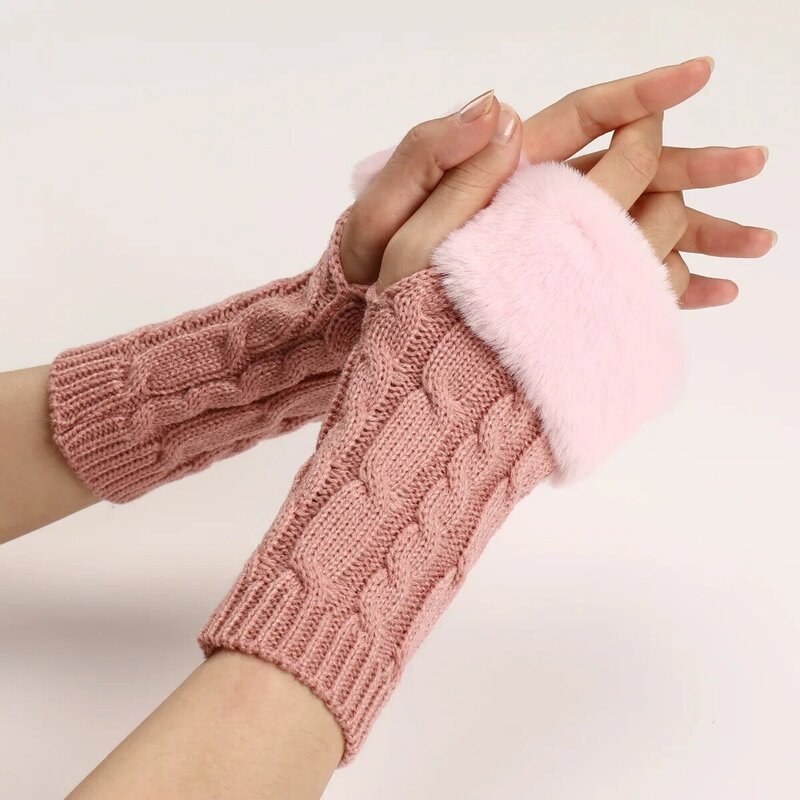 Winter Half Vinger Handschoenen Voor Vrouwen Warm Faux Fur Hand Handschoenen Meisje Armwarmers Breien Hollow Wanten Unisex Vingerloze Handschoenen