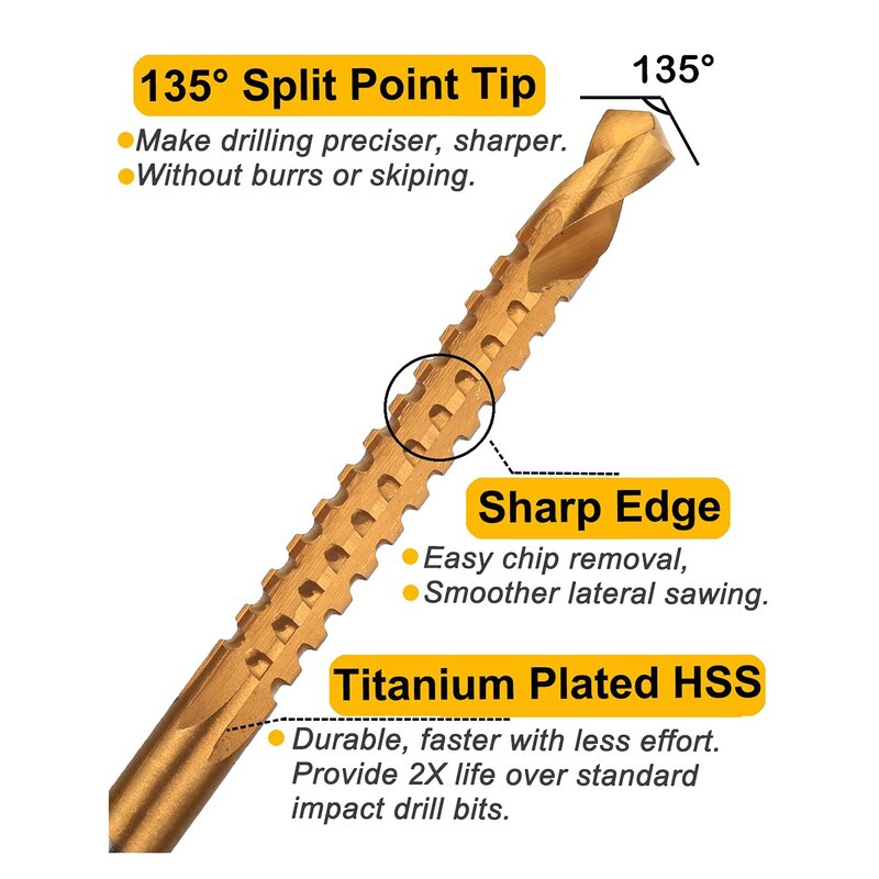 티타늄 코팅 HSS 트위스트 비트, 플라스틱 금속 목재 구멍용 톱니 모양 사이드 컷 비트, 목공 도구, 3-8mm, 6 팩