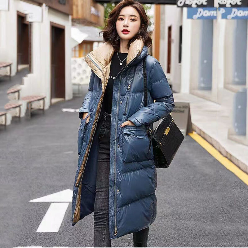 여성용 더블 스탠드 칼라 컬러 다운 재킷, 한국 롱 90% 화이트 구스 다운 오버코트, 추운 겨울 따뜻한 코트, 신상