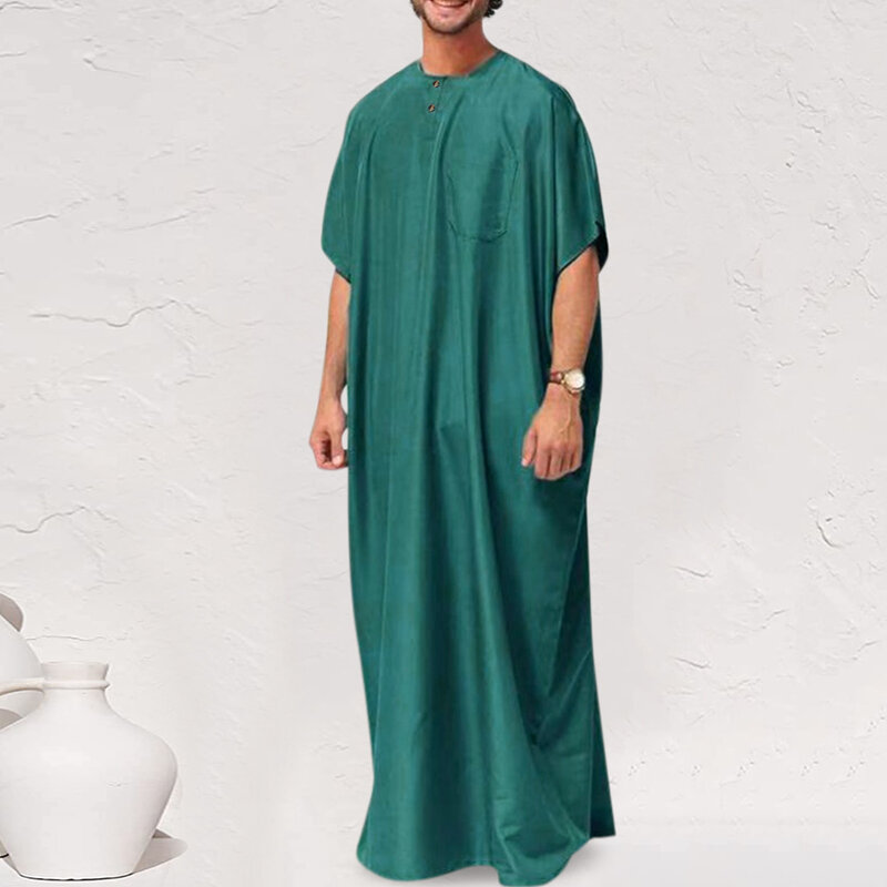 Männer Mode lange Roben Kurzarm Rundhals Robe Mann Vintage einfarbig muslimischen Kaftan lange Hemden lässig Jubba Thobe