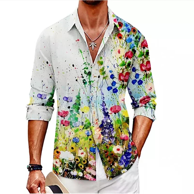 Camisa de lapela com padrão HD floral masculina, tops macios e confortáveis de tecido, tendência casual de alta qualidade, design designer, 2023