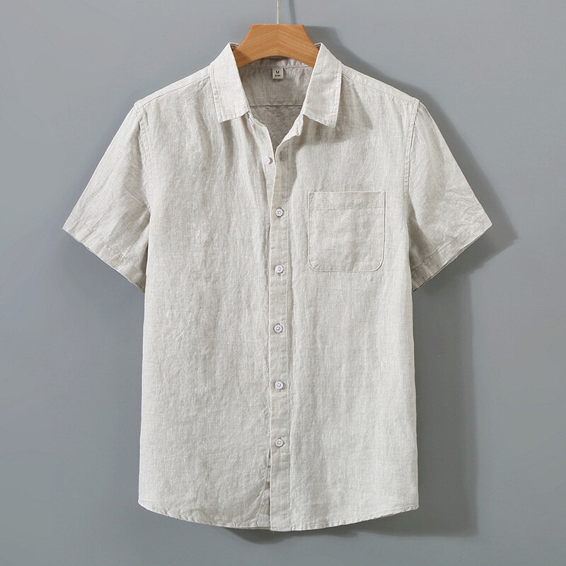 Camisa de linho de manga curta masculina, cardigã solto com bolso, estilo chinês, para negócios de meia-idade e lazer, verão