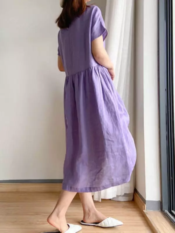 Платье-миди женское свободного кроя, повседневная однотонная хлопково-льняная рубашка-трапеция с коротким рукавом, в стиле оверсайз, на лето