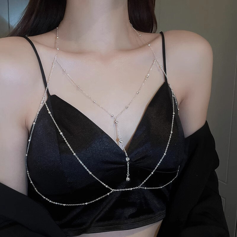 Letni seksowny łańcuszek na klatkę piersiową metalowa łańcuszek biżuteria dla kobiet uprząż plażowa kryształowe Body łańcuszek z dekoracyjnym łańcuchem biżuteria